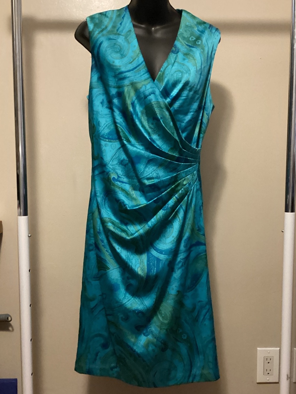 Ralph Lauren Teal & Aqua Sleeveless Faux-Wrap Midi Dress